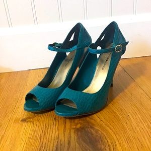 Teal snake print heels